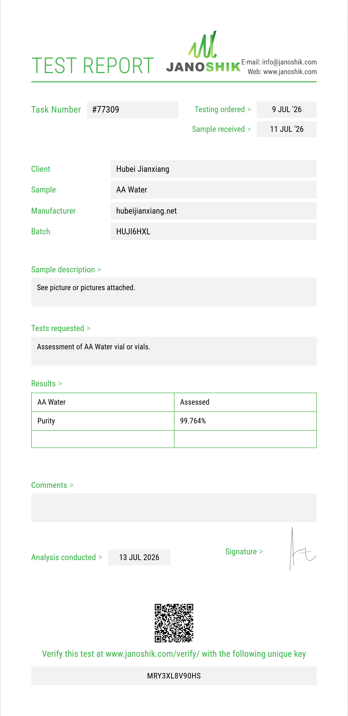 AA Water Purity (HPLC) report by Janoshik Analytical