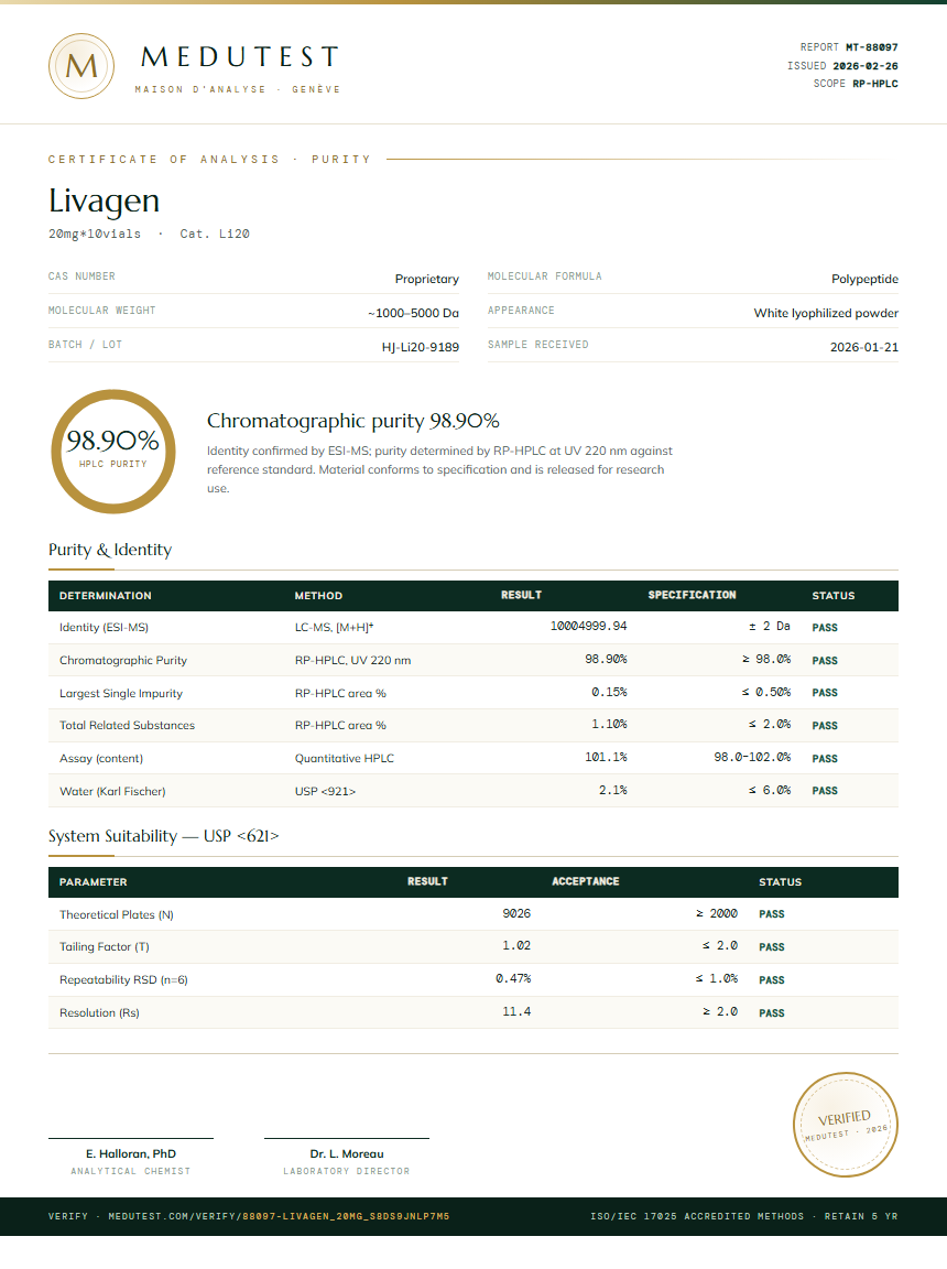 Livagen Purity (HPLC) report by Medutest